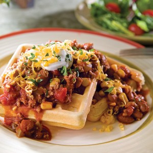Cornbread Waffles with Spicy Chili Ground Beef